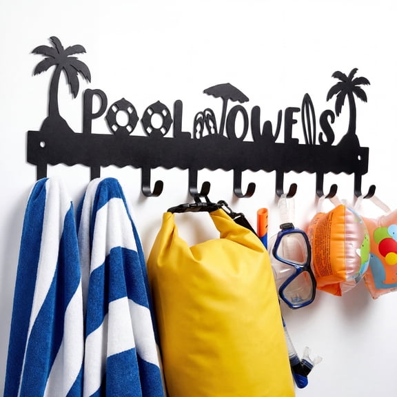 Virelaxpo Wrought Iron Wall Mount Pool Towel Rack 16 Inch Multiple Hooks for Swimsuit Robe Patio Outdoor Shower Storage