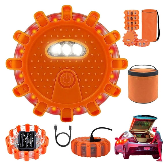 VirenLux Battery Operated LED Road Flares Emergency Lights Roadside Warning Car Safety Beacons Flashing Disc Flare Kit with Magnet Base for Car & Boat,1 Pcs