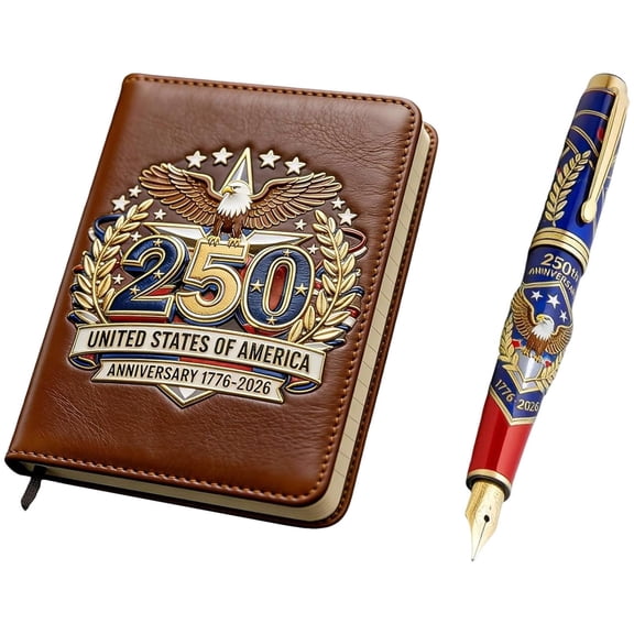 Virenlux 250th U.S. Anniversary Pen & Leather Journal Set Patriotic Commemorative Writing Kit Full-Grain Leather Lay-Flat Notebook Collectible Keepsake Gift for Veterans Independence Day Retirement