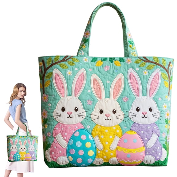 Virenlux Easter Day Vintage Quilted Tote Bag for Women Rabbit Print Lightweight Cotton Small Travel Shoulder Beach Purse Reusable Lunch Shopping Grocery Totes Horizontal Board