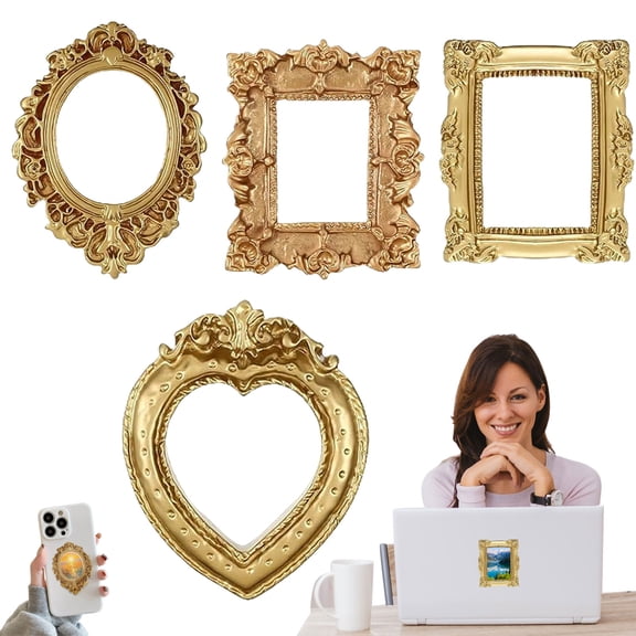 Virenlux Gold Vintage Resin Miniature Picture Frame Small Mini Photo Frames Tiny Antique Oval Rectangle Wall Hanging For Jewelry Diy Display Party Hotel Decor Photograpgy Mobile Phone Crafts