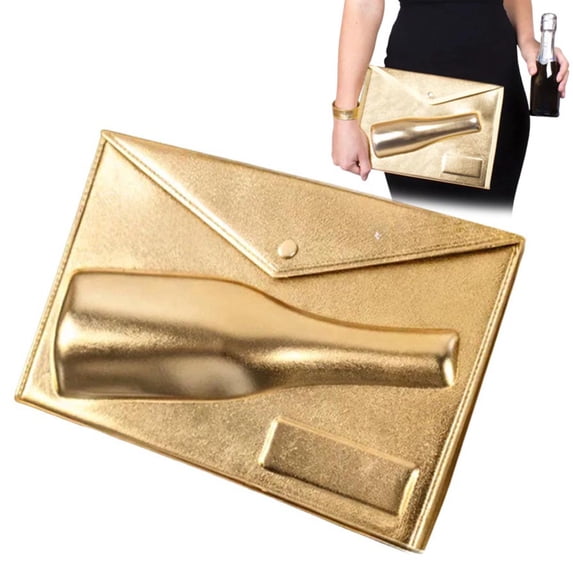 Virenlux The Ultimate Party Starters Gold Champagne Bag PU Leather Single-Bottle Wine Clutch Evening Handbag Purse with 3D Reliefs Bottle for Wedding Birthday Anniversaries Cocktail Party
