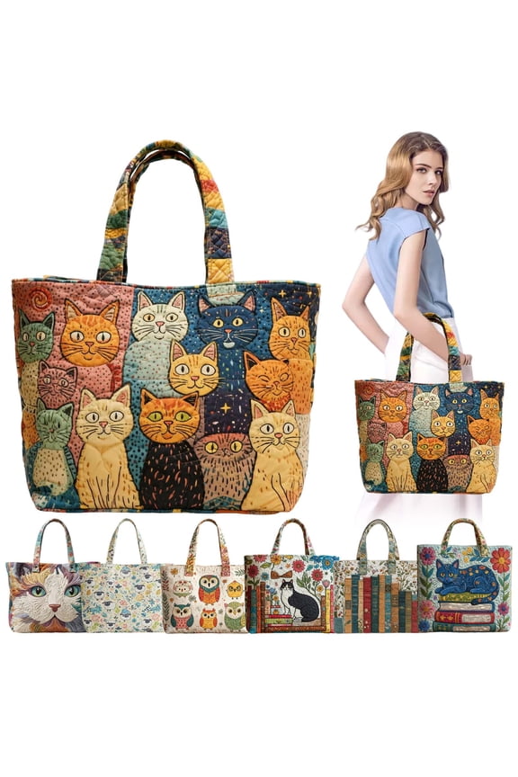 Vintage Quilted Tote Bag For Women Lightweight Stitching Work Handbags Lightweight Cotton Small Teacher Nurses Shoulder Carry On Bag For School Travel Beach Gym