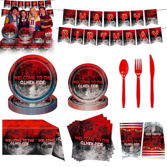 Virenlux Welcome to The Other Side Tableware Set Disposable Paper Plates Napkins Forks Birthday Creepy Themed Easy Clean Party Supplies for Party Hosts Planners Adults