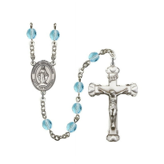 Virgen Milagrosa Silver-Plated Rosary 6mm March Light Blue Fire Polished Beads Crucifix Size 1 5/8 x 1 medal charm