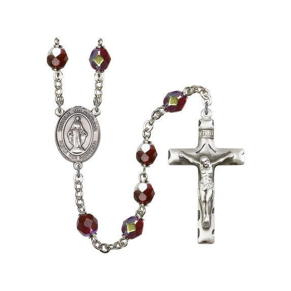 Virgen Milagrosa Silver-Plated Rosary 7mm January Red Lock Link Aurora Borealis Beads Crucifix Size 1 3/4 x 1 medal charm
