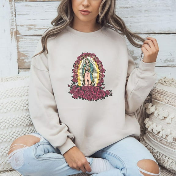 Virgen de Guadalupe Crewneck Sweatshirt, Our Lady of Guadalupe Graphic Pullover, Catholic Faith Gift, Soft Cotton Blend, Made in USA