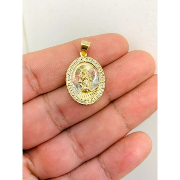 Virgen de Guadalupe Pendant With Stones Around and Diamond Cut Tri-Color Beautifully Made Looks Like Real Gold 24x18mm Medalla de Guadalupe