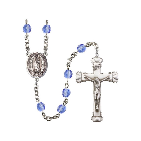 Virgen de Guadalupe Silver-Plated Rosary 6mm September Blue Fire Polished Beads Crucifix Size 1 5/8 x 1 medal charm