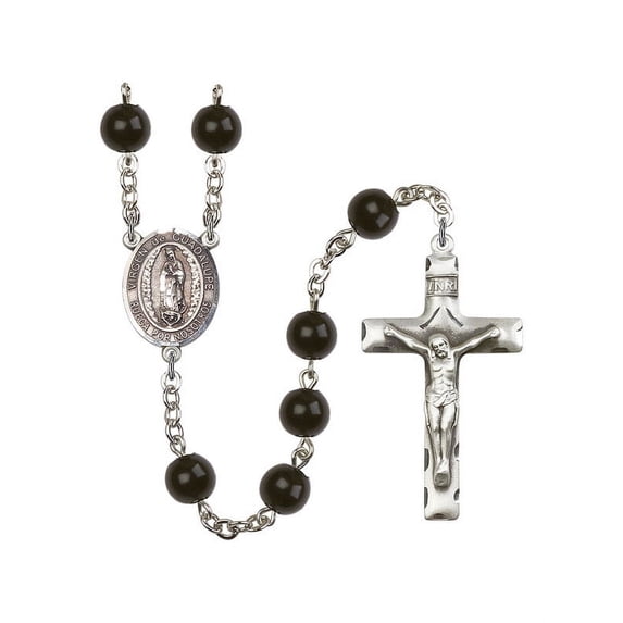 Virgen de Guadalupe Silver-Plated Rosary 7mm Black Onyx Beads Crucifix Size 1 3/4 x 1 medal charm