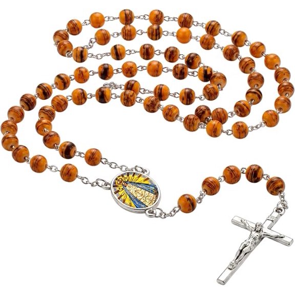 Virgen de Lujn Patrona de Argentina, Uruguay y Paraguay Rosario de Cristal Color Azafrn y mbar con Crucifijo Plateado y Tarjeta de Oracin en Espaol