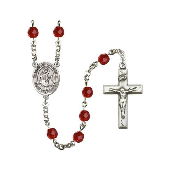 Virgen de la Merced Silver-Plated Rosary 6mm July Red Fire Polished Beads Crucifix Size 1 3/8 x 3/4 medal charm