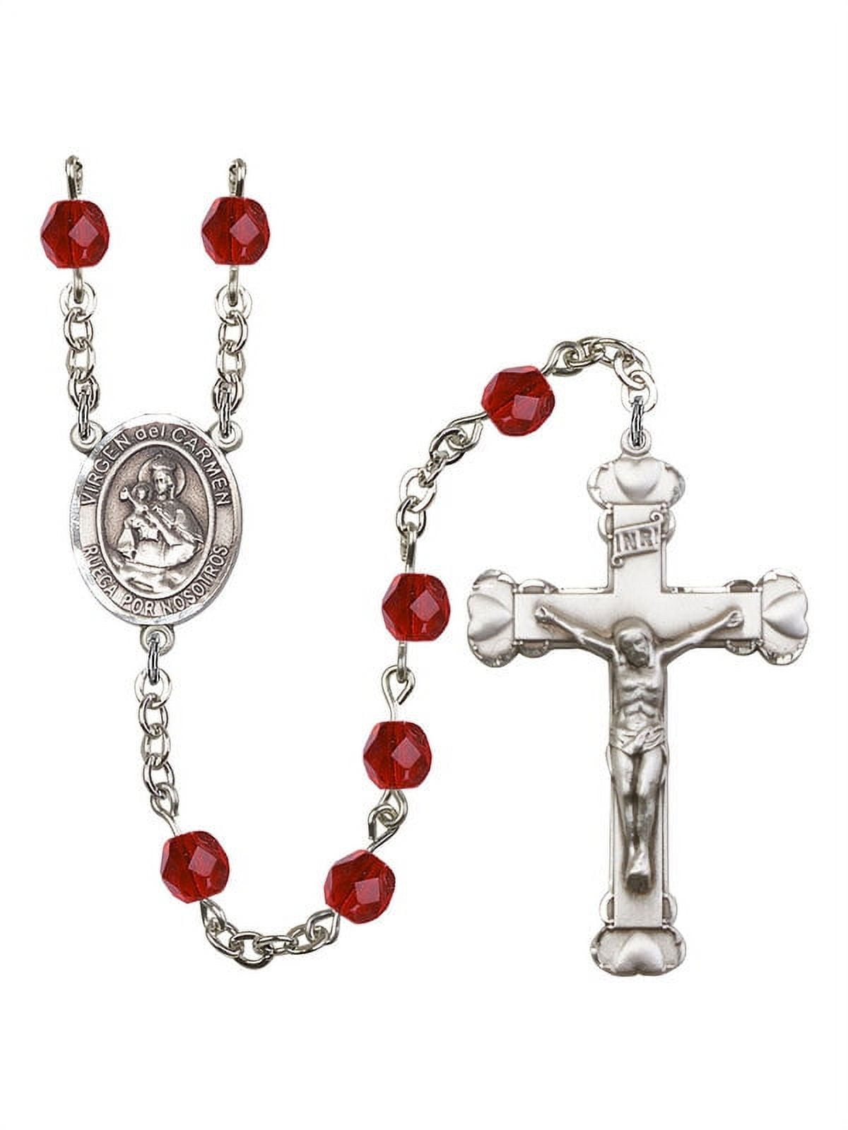 Virgen del Carmen Silver-Plated Rosary 6mm July Red Fire Polished Beads Crucifix Size 1 5/8 x 1 medal charm