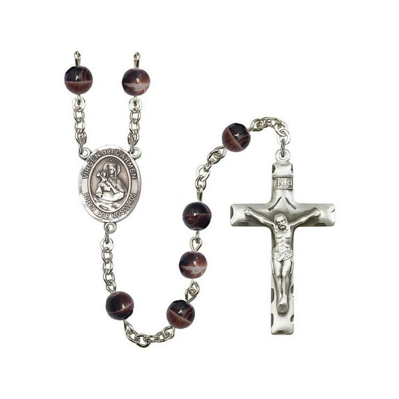 Virgen del Carmen Silver-Plated Rosary 7mm Brown Beads Crucifix Size 1 3/4 x 1 medal charm