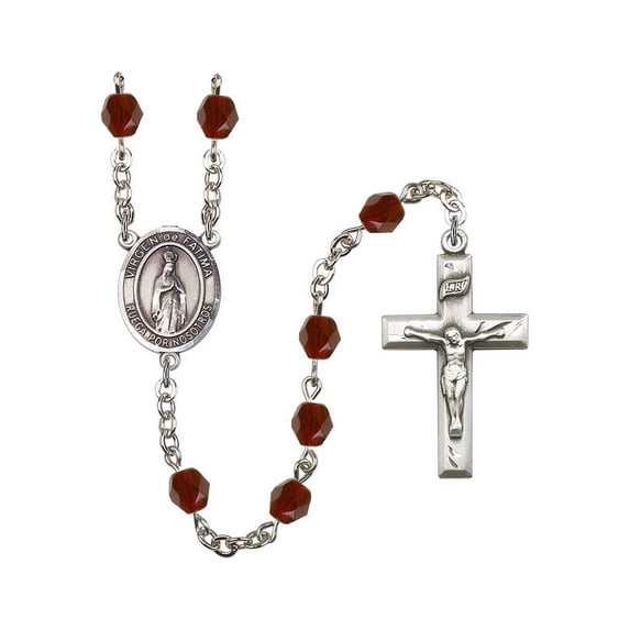 Virgen del Fatima Silver-Plated Rosary 6mm January Red Fire Polished Beads Crucifix Size 1 3/8 x 3/4 medal charm