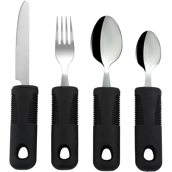 VirgilSon Extra Wide Handles Easy Grip Cutlery Set, Chunky Handles, Corfort Grips Disability Ideal Dining aid for Elderly Disabled Arthritis Parkinson's Disease Tremors Sufferers (4PCS Black)