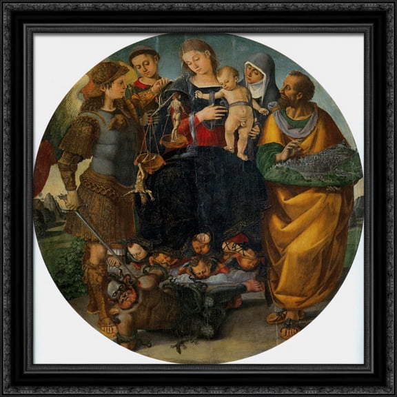 Virgin and Child with Sts Michael, Vincent of Saragozza, Margaret of Cortona and Mark 28x28 Large Black Ornate Wood Framed Canvas Art by Luca Signorelli