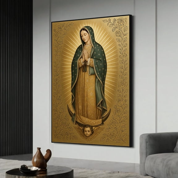 Virgin Of Guadalupe Canvas Painting – Ready To Hang Religious Wall Art – Catholic Gift For Her, Sacred Home Or Prayer Room Decor, Unframed Poster Size 8x12