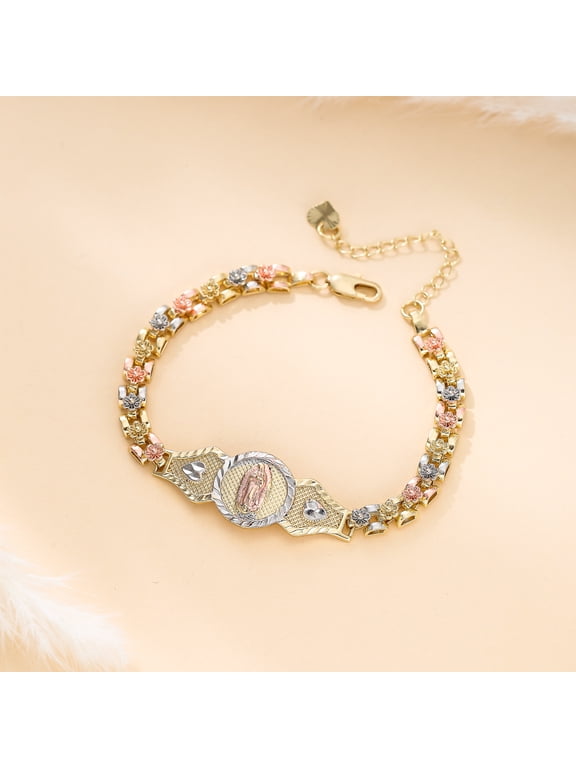 Virgin Mary 14K Gold Filled Bracelet for Women, Zirconia Catholic Bangle, Religious Baptism Faith Jewelry
