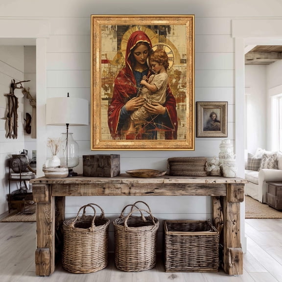 Virgin Mary And Jesus Print Sacred Mother Child Religious Wall Art Gold Halo Modern Christian Decor Spiritual Icon Faith Style Unframed Paper Print