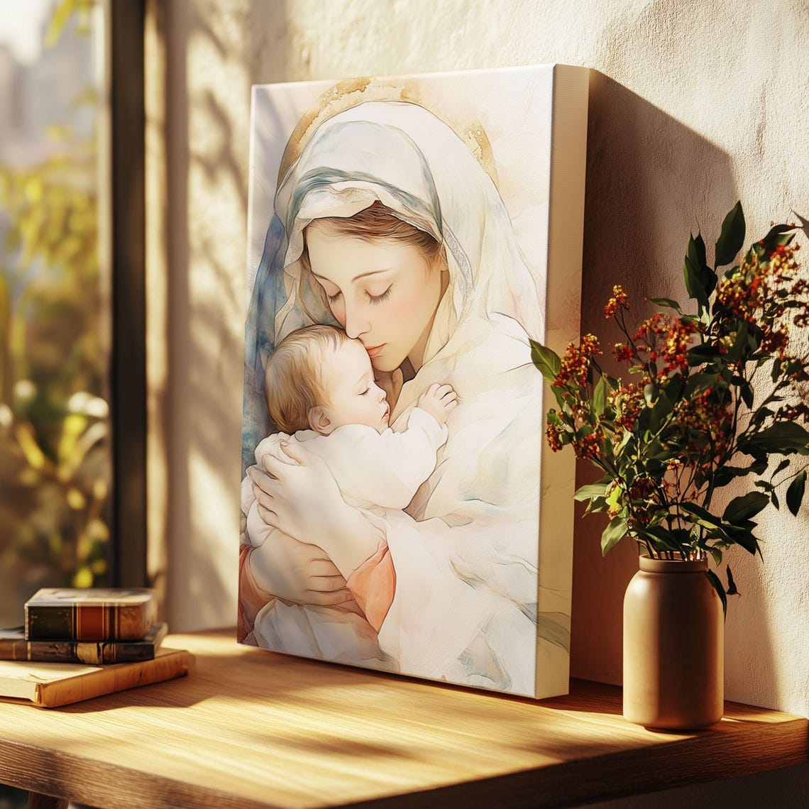 Virgin Mary And Baby Jesus Canvas Print Pastel Warm Painting Wall Art ...