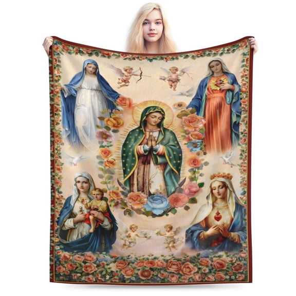 Virgin Mary Blanket Red Rose Patterned Throw Blanket for Women Girls, Warm Plush Cozy Flannel Blankets, Fleece Home Decor Birthday for Women & Men - All-Season 50x40