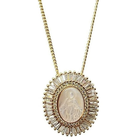 Virgin Mary,Cadena Virgen De Mary Mother of Pearl Necklace,18K Gold Plated Medal Cubic Zirconia Medallion Necklace