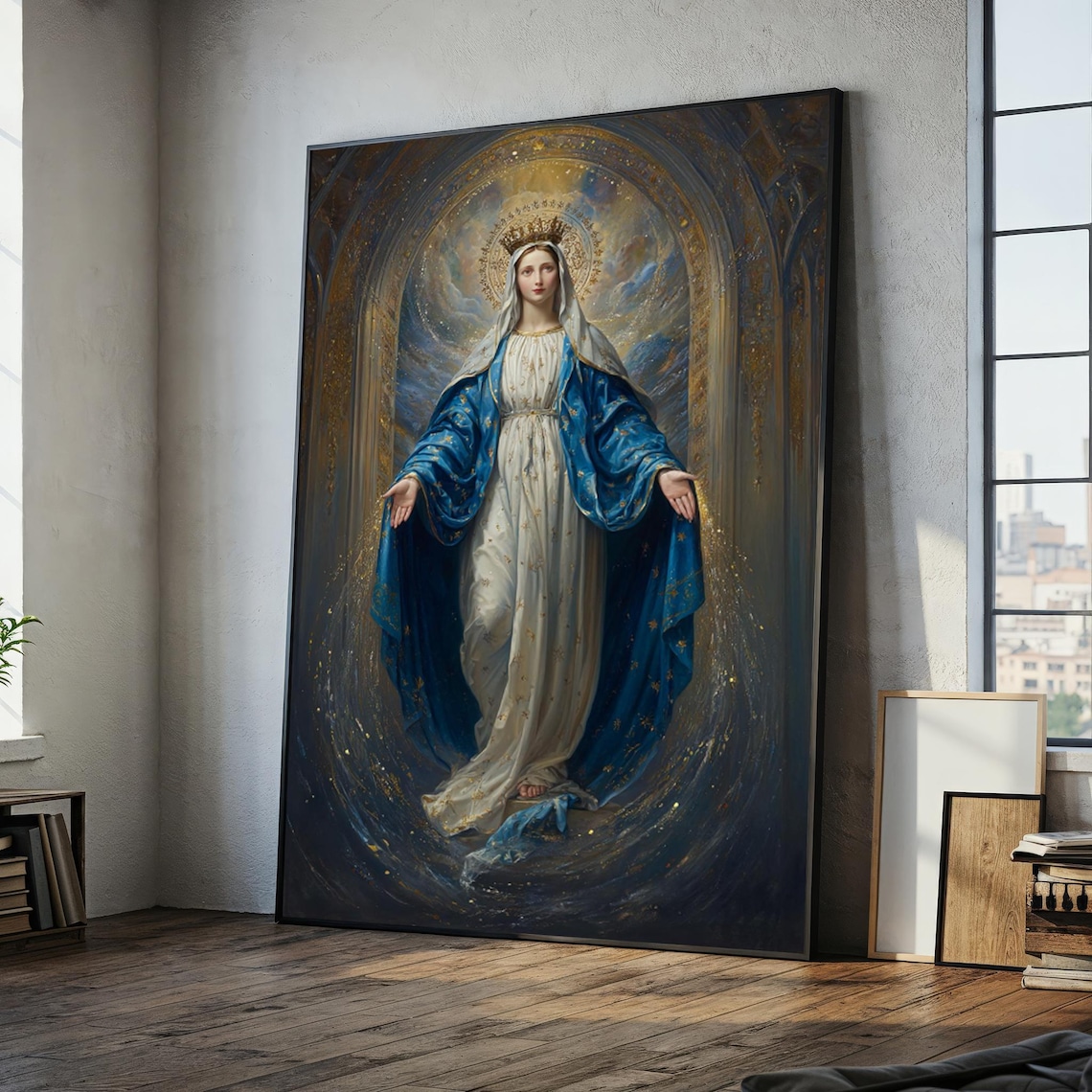 Virgin Mary Canvas Painting – Sacred Christian Wall Art In Blue And ...