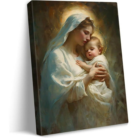 Virgin Mary Canvas Print Baby Jesus Nestled in Warm Embrace of Mother Painting Divine Motherhood Wall Art Religious Christian Decor for Home Living Room Bedroom 12x16in