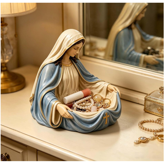 Virgin Mary Catch-All Bowl - Blessed Mother Decorative Key Holder Tray, Entryway Organizer for Keys, Home Decor Storage Dish, Prayer Room Tabletop Accent, Catchall Organizer
