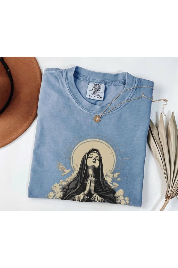Virgin Mary Christian Graphic T-Shirt – Faith Comfort Colors Unisex Tee, Holy Spirit Prayer Church Shirt, Religious Gift for Christmas & Easter