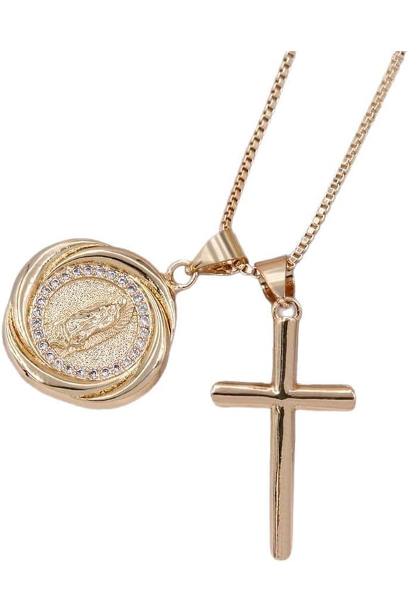 Virgin Mary Cross Medallion Medal Necklace Women