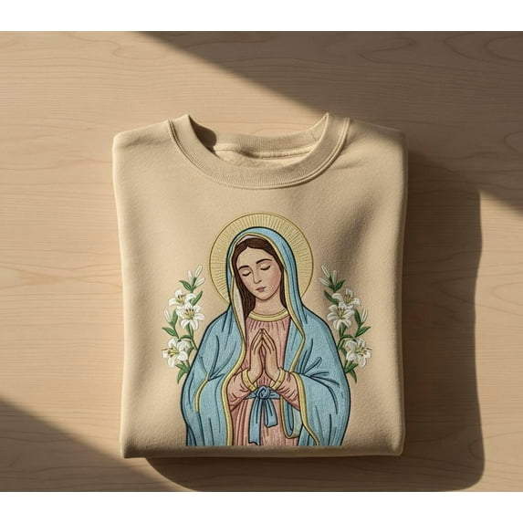 Virgin Mary Embroidered Sweatshirt Religious Catholic Floral Faith Crewneck Gift for Christian Women