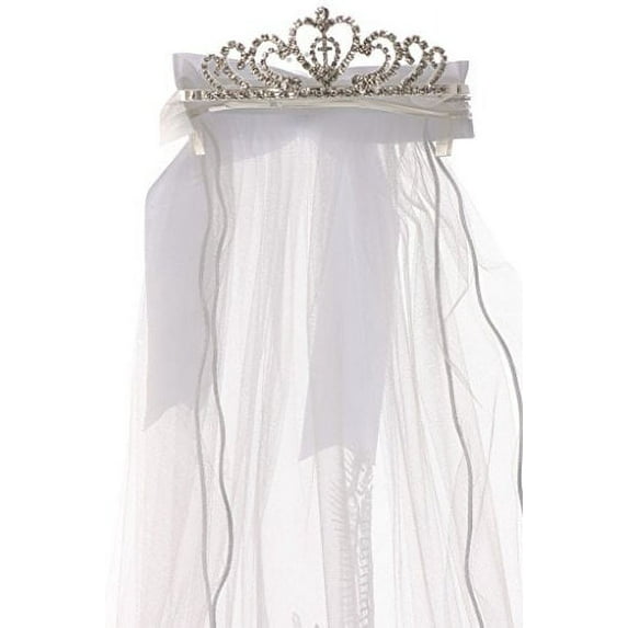 Virgin Mary Embroidered Tiara Crown Mesh First Communion Veil Flower Girl White T-113-B