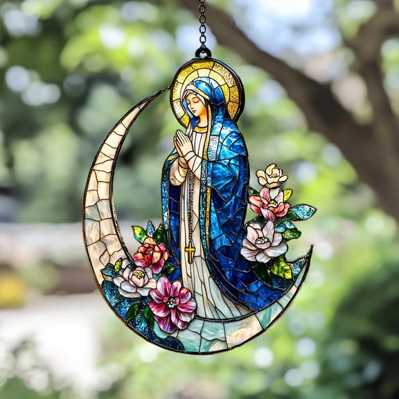 Virgin Mary Faux Stained Glass Suncatcher Praying on Crescent Moon Acrylic Window Hanging Floral Religious Decor Gift for Christian