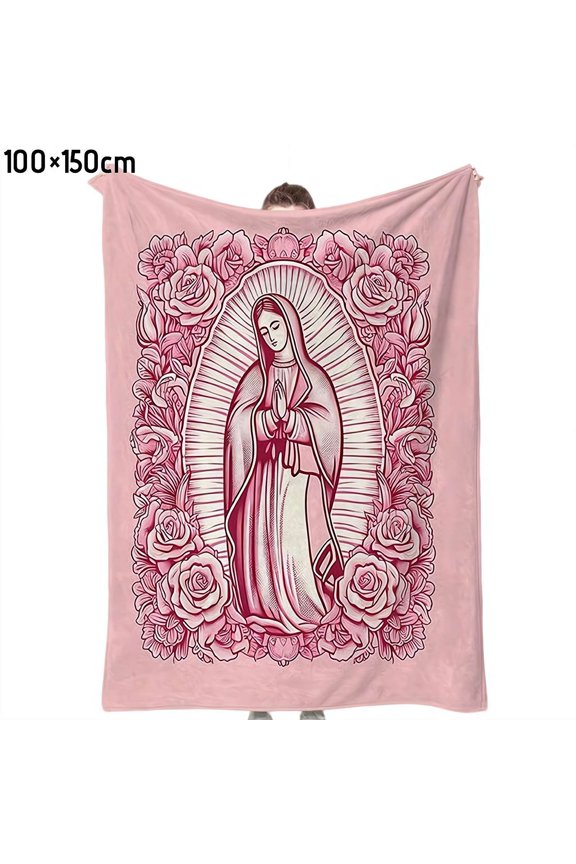 Virgin Mary Flannel Blanket with Rose Pattern, 39.3"x59" Soft Pink Prayer Throw, Religious Gift for Women, Cozy Lightweight Blanket for Bed, Couch & Comfort