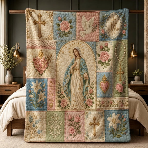Virgin Mary Flannel Throw Blanket, Catholic Cross, Rosary, Dove and Rose Patchwork-Style Religious Print, Blue Pink Cream, 50 x 60 Inches