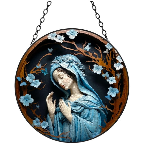 Virgin Mary with Floral Vines Stained Glass Suncatcher Colored Handmade Window Hangings Glass Suncatcher Crafts Kits for Indoor Garden Christmas Decoration 16x16cm(10)