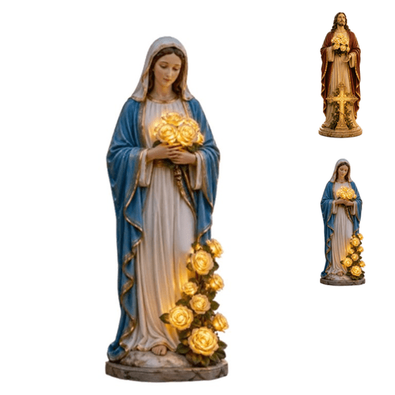 Virgin Mary Garden Light, 8 Inch Solar Outdoor Mary Statue with LED Glowing Roses, Religious Gifts to Mom, Blessed Mother Garden Statue for Catholic Garden Decor (Mary)