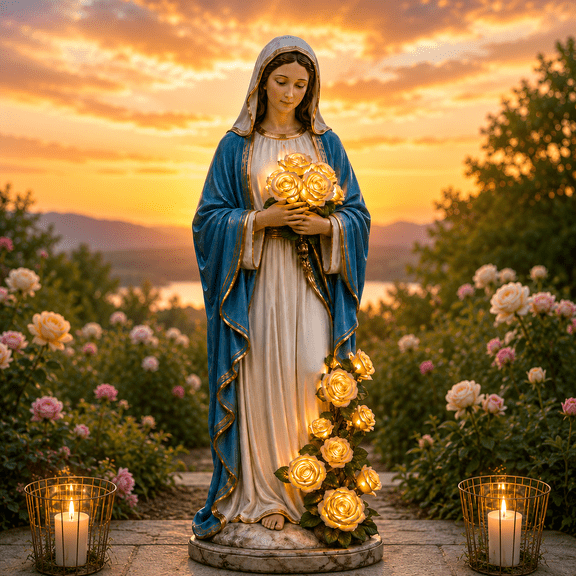 Virgin Mary Garden Light, 8 Inch Solar Outdoor Mary Statue with LED Glowing Roses,Blessed Mother Garden Statue for Catholic Garden Decor