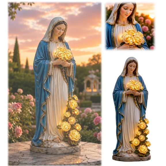 Virgin Mary Garden Light, 8''Outdoor Mary Statue with LED Glowing Roses, Resin Figurine Lamp Decor, Blessed Mother Garden Statue for Outdoor Patio Porch Yard, Memorial Gift, Mother's Day 1PC