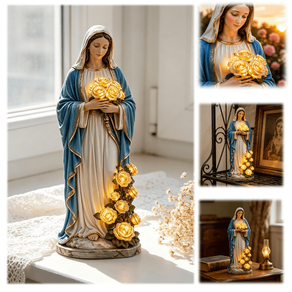 Virgin Mary Garden Light, 8''Solar Mary Statue with LED Glowing Roses, Hand-Painted Resin Blessed Mother Statue, Weather Resistant Religious Outdoor Decor, Memorial for Patio Lawn 1PC