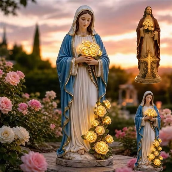 Virgin Mary Garden Light, Solar Outdoor Mary Statue with LED Glowing Roses, Blessed Mother Garden Statue for Catholic Garden Decor, Christian Yard Decor Memorial Gift for Women