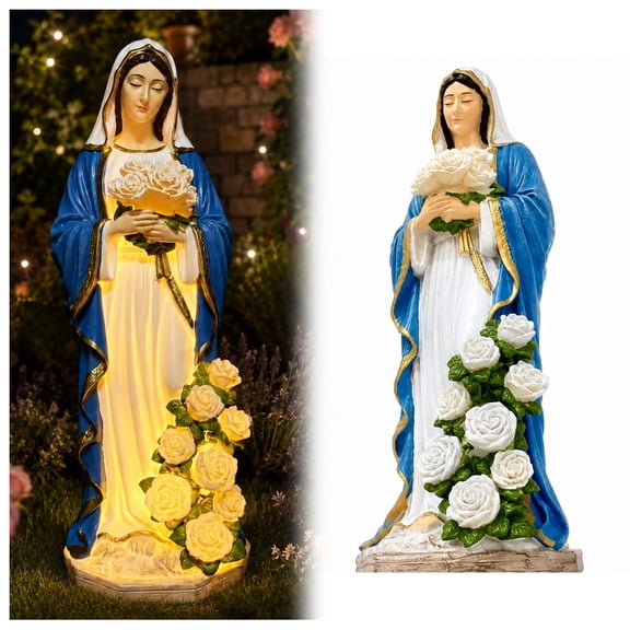Virgin Mary Garden Light,Outdoor Mary Statue with LED Glowing Roses,Resin Figurine Lamp Decor,Blessed Mother Garden Statue,for Outdoor Patio Porch Yard,Memorial Gift,Mother's Day
