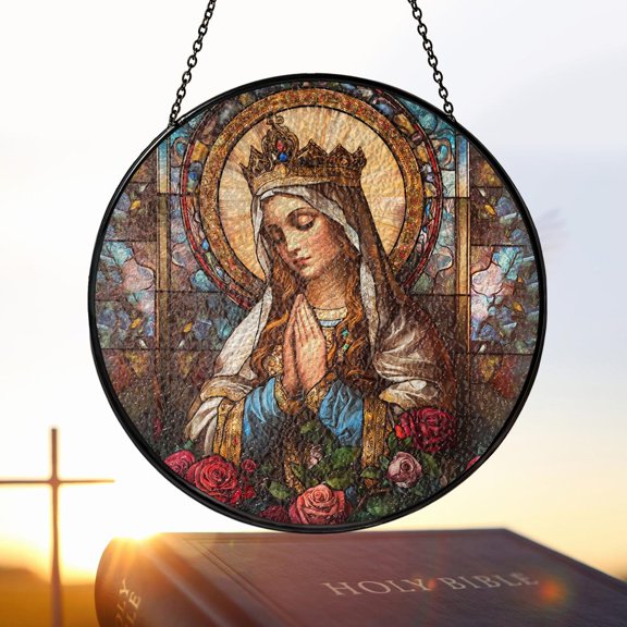 Virgin Mary Glass Suncatcher, Queen of Heaven Window Art, 3.5 in