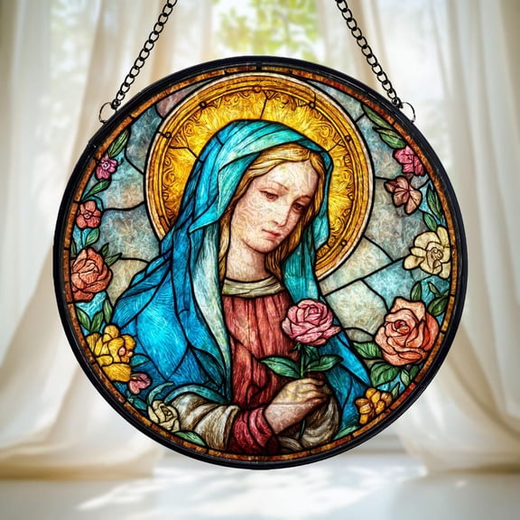 Virgin Mary Glass Suncatcher v12, Round Roses and Halo Window Art, Faith Home, 3.5 in