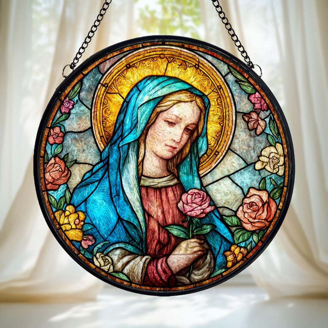 Virgin Mary Glass Suncatcher v12, Round Roses and Halo Window Art ...