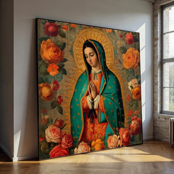 Virgin Mary Of Guadalupe Canvas Painting – Floral Religious Wall Art, Ready To Hang, Catholic Gift, Spiritual Mexican Home Decor, Unframed Poster Size 24x36