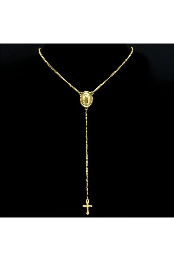 Virgin Mary Guadalupe Jesus Cross Necklace for Women Men 14K Yellow Gold Christian Rosary Long Chain Jewelry