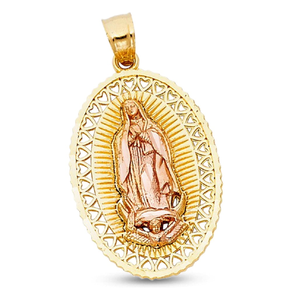 Virgin Mary Heart Pendant Solid 14k Yellow Rose Gold Lady Guadalupe ...